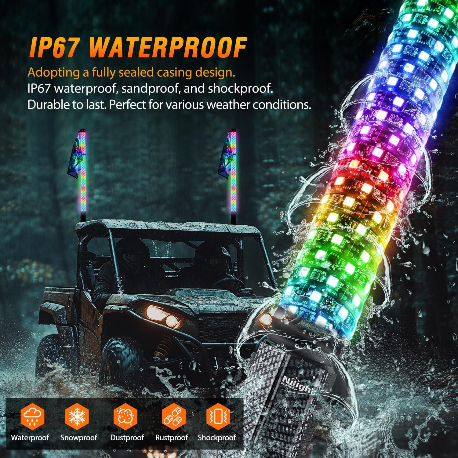 image:imageNilight 1PC 4FT Spiral RGB Led Whip Light with Spring Base Chasing Light RF Remote Control Lighted Antenna Whips for CanAm ATV UTV RZR Polaris Dune Buggy Offroad Truck 2 Years WarrantyRGB FatRemote APP Control