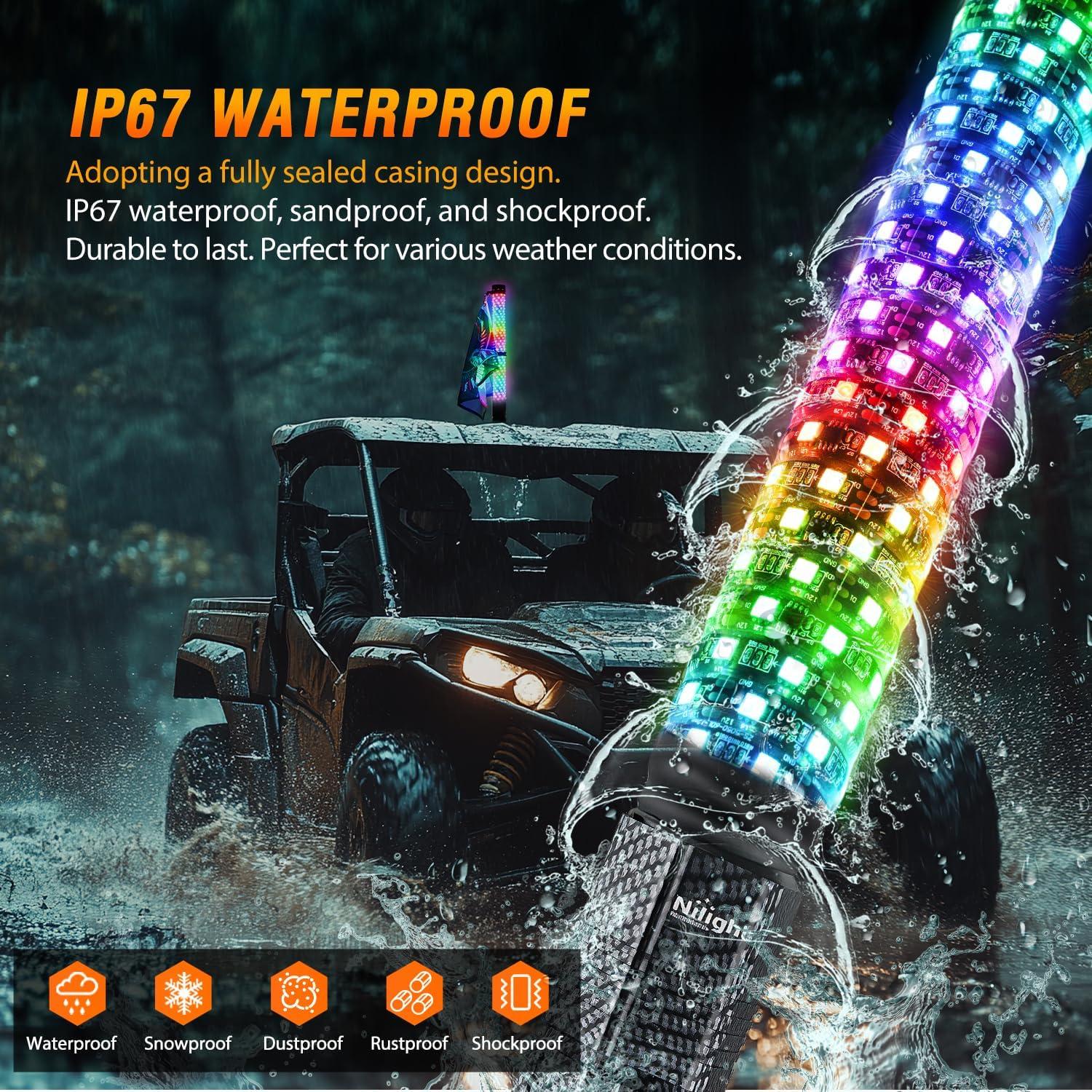 image:imageNilight 1PC 4FT Spiral RGB Led Whip Light with Spring Base Chasing Light RF Remote Control Lighted Antenna Whips for CanAm ATV UTV RZR Polaris Dune Buggy Offroad Truck 2 Years WarrantyRGB FatRemote APP Control