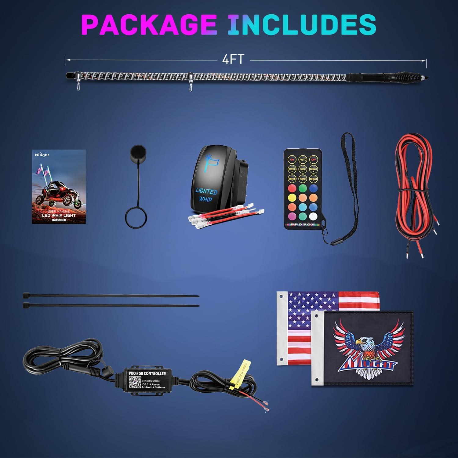 image:imageNilight 1PC 4FT Spiral RGB Led Whip Light with Spring Base Chasing Light RF Remote Control Lighted Antenna Whips for CanAm ATV UTV RZR Polaris Dune Buggy Offroad Truck 2 Years WarrantyRGB COBRemote APP Control