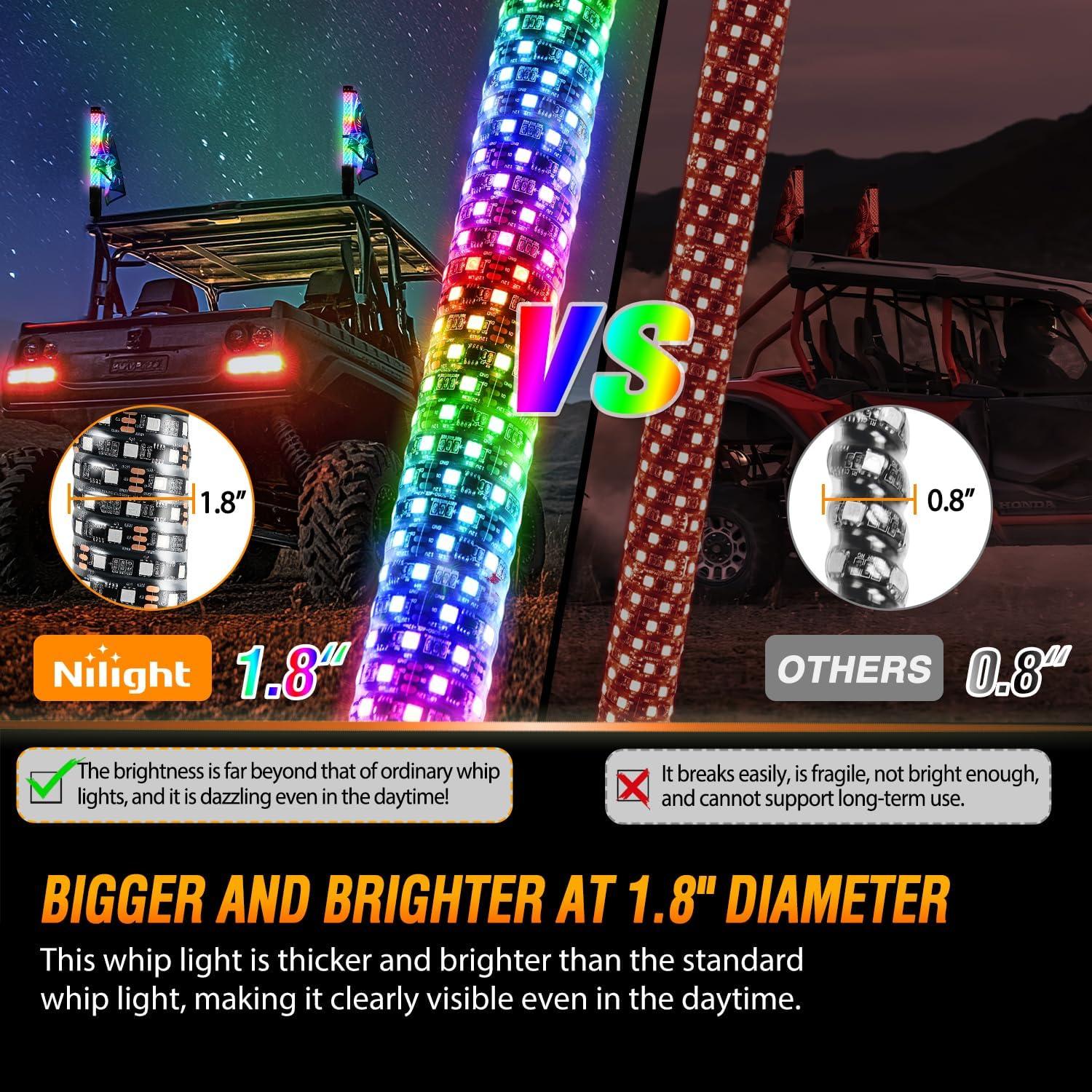 image:imageNilight 1PC 4FT Spiral RGB Led Whip Light with Spring Base Chasing Light RF Remote Control Lighted Antenna Whips for CanAm ATV UTV RZR Polaris Dune Buggy Offroad Truck 2 Years WarrantyRGB FatRemote APP Control