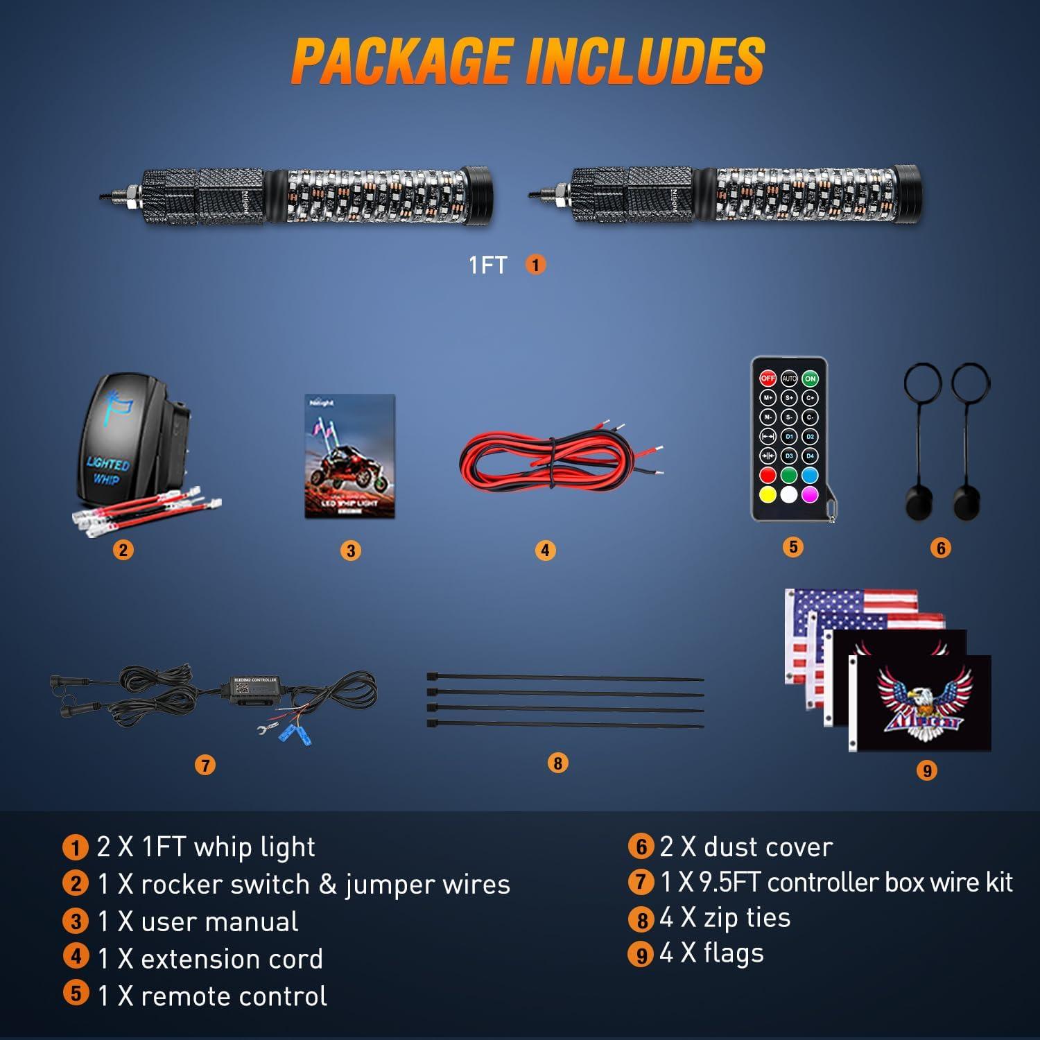 image:imageNilight 1PC 4FT Spiral RGB Led Whip Light with Spring Base Chasing Light RF Remote Control Lighted Antenna Whips for CanAm ATV UTV RZR Polaris Dune Buggy Offroad Truck 2 Years WarrantyRGB FatRemote APP Control