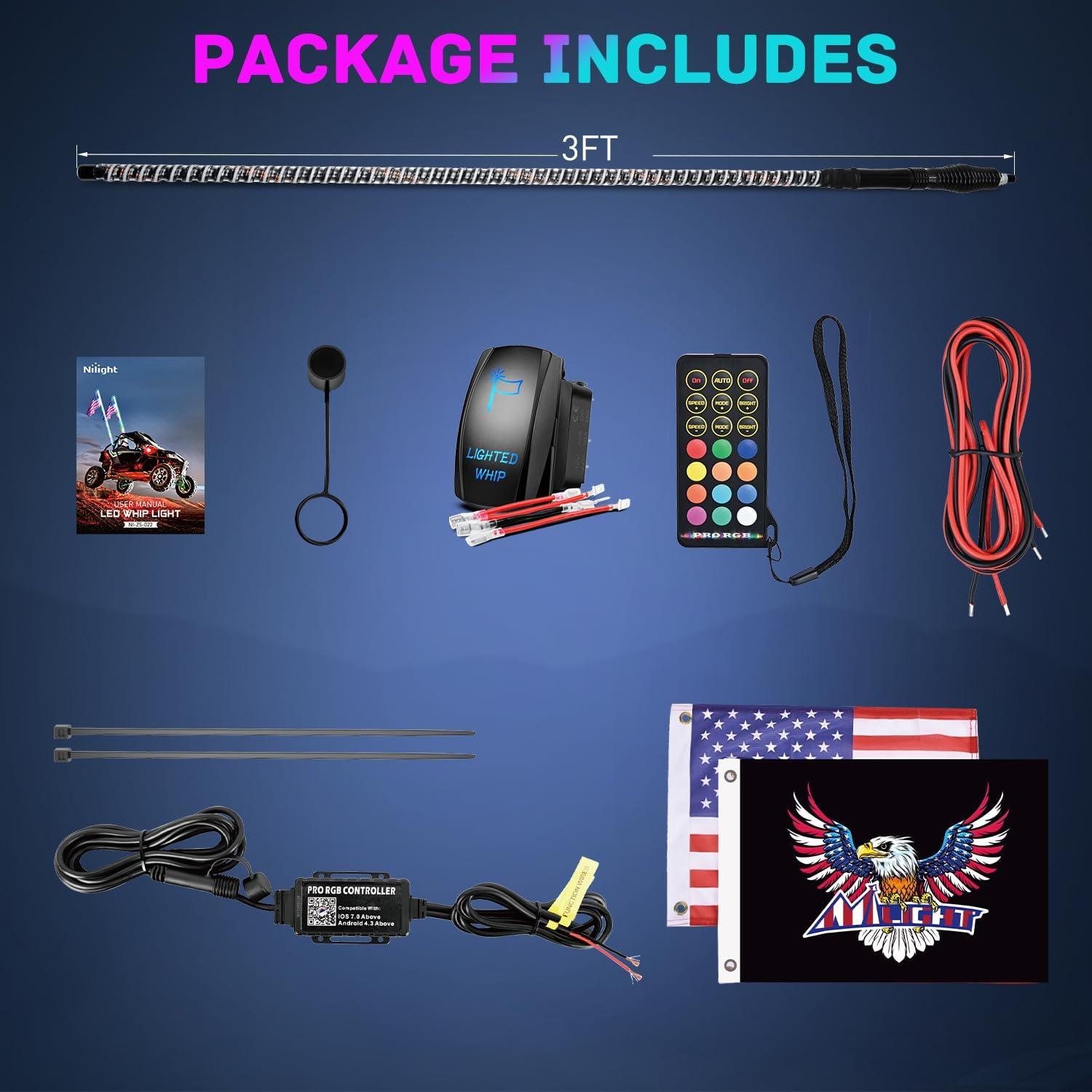 image:imageNilight 1PC 4FT Spiral RGB Led Whip Light with Spring Base Chasing Light RF Remote Control Lighted Antenna Whips for CanAm ATV UTV RZR Polaris Dune Buggy Offroad Truck 2 Years WarrantyRGB COBRemote APP Control