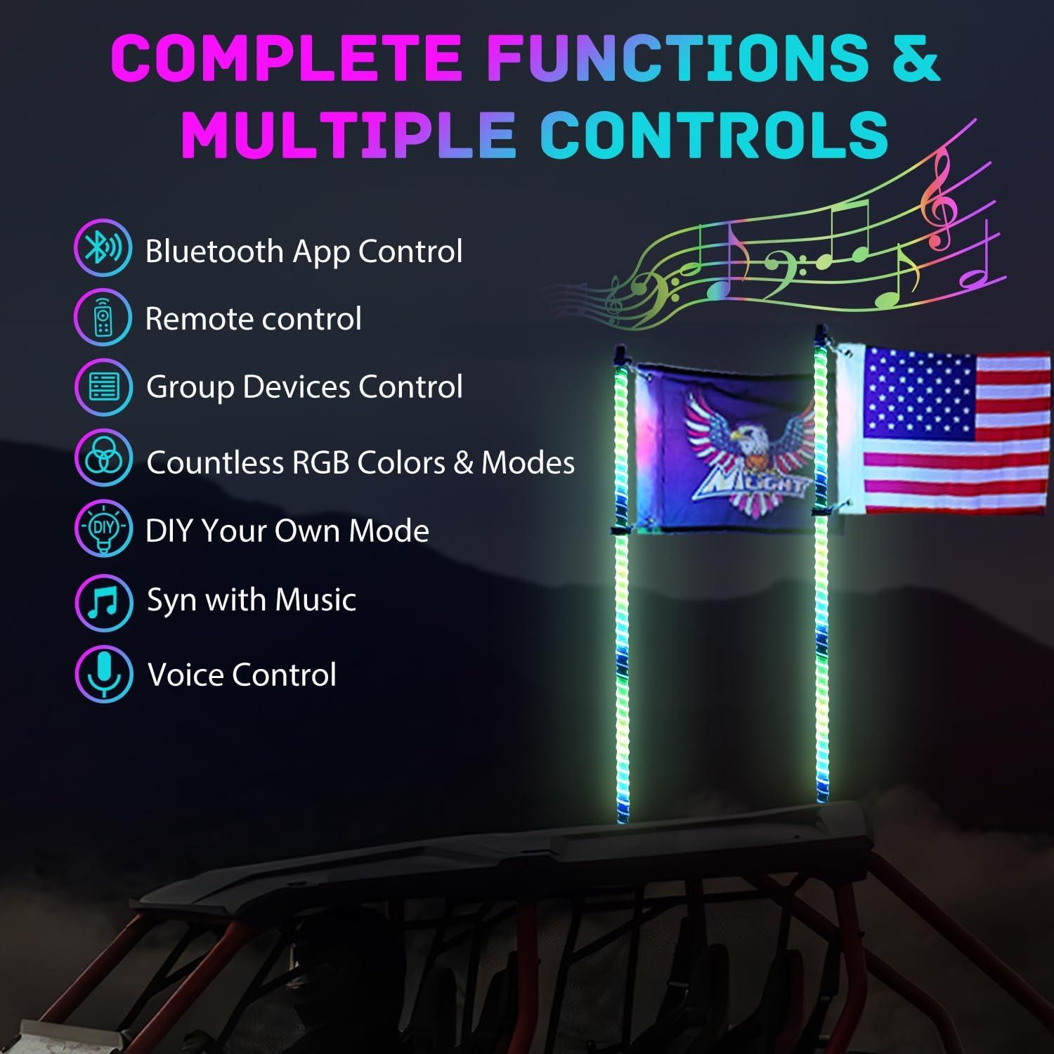 image:imageNilight 1PC 4FT Spiral RGB Led Whip Light with Spring Base Chasing Light RF Remote Control Lighted Antenna Whips for CanAm ATV UTV RZR Polaris Dune Buggy Offroad Truck 2 Years WarrantyRGB COBRemote APP Control