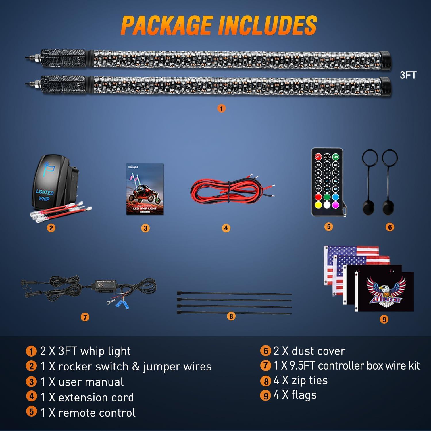 image:imageNilight 1PC 4FT Spiral RGB Led Whip Light with Spring Base Chasing Light RF Remote Control Lighted Antenna Whips for CanAm ATV UTV RZR Polaris Dune Buggy Offroad Truck 2 Years WarrantyRGB FatRemote APP Control