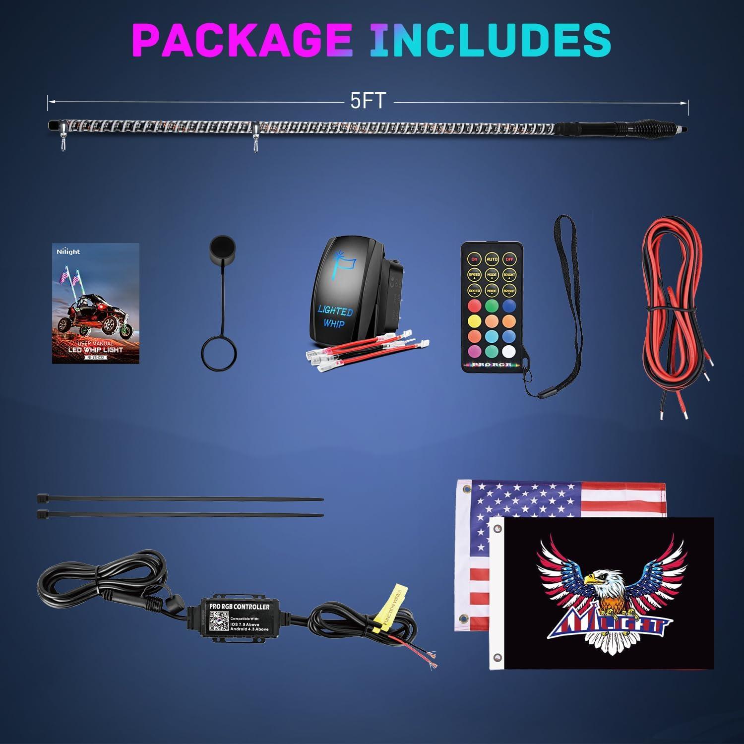 image:imageNilight 1PC 4FT Spiral RGB Led Whip Light with Spring Base Chasing Light RF Remote Control Lighted Antenna Whips for CanAm ATV UTV RZR Polaris Dune Buggy Offroad Truck 2 Years WarrantyRGB COBRemote APP Control