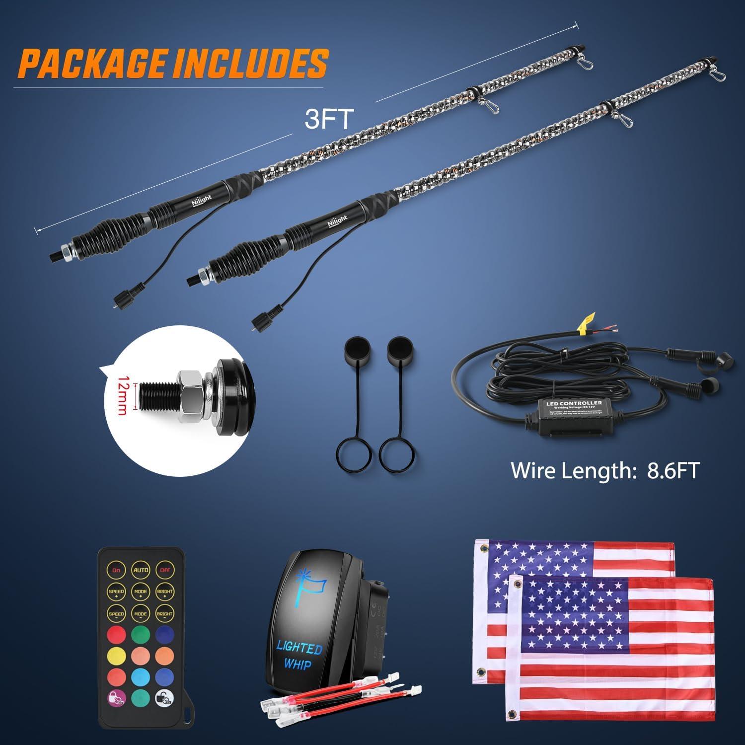 image:imageNilight 1PC 4FT Spiral RGB Led Whip Light with Spring Base Chasing Light RF Remote Control Lighted Antenna Whips for CanAm ATV UTV RZR Polaris Dune Buggy Offroad Truck 2 Years WarrantyRGBRemote Control