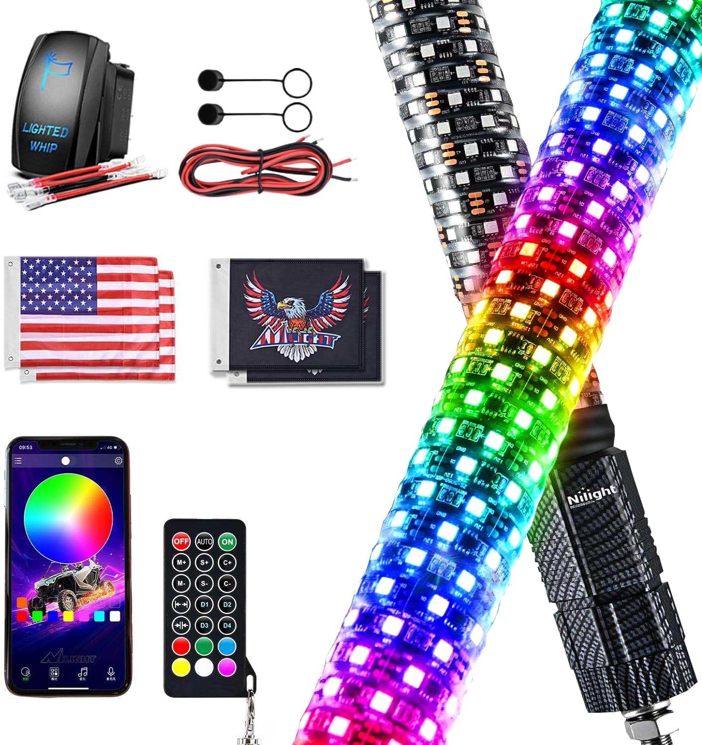 image:imageNilight 1PC 4FT Spiral RGB Led Whip Light with Spring Base Chasing Light RF Remote Control Lighted Antenna Whips for CanAm ATV UTV RZR Polaris Dune Buggy Offroad Truck 2 Years WarrantyRGB FatRemote APP Control
