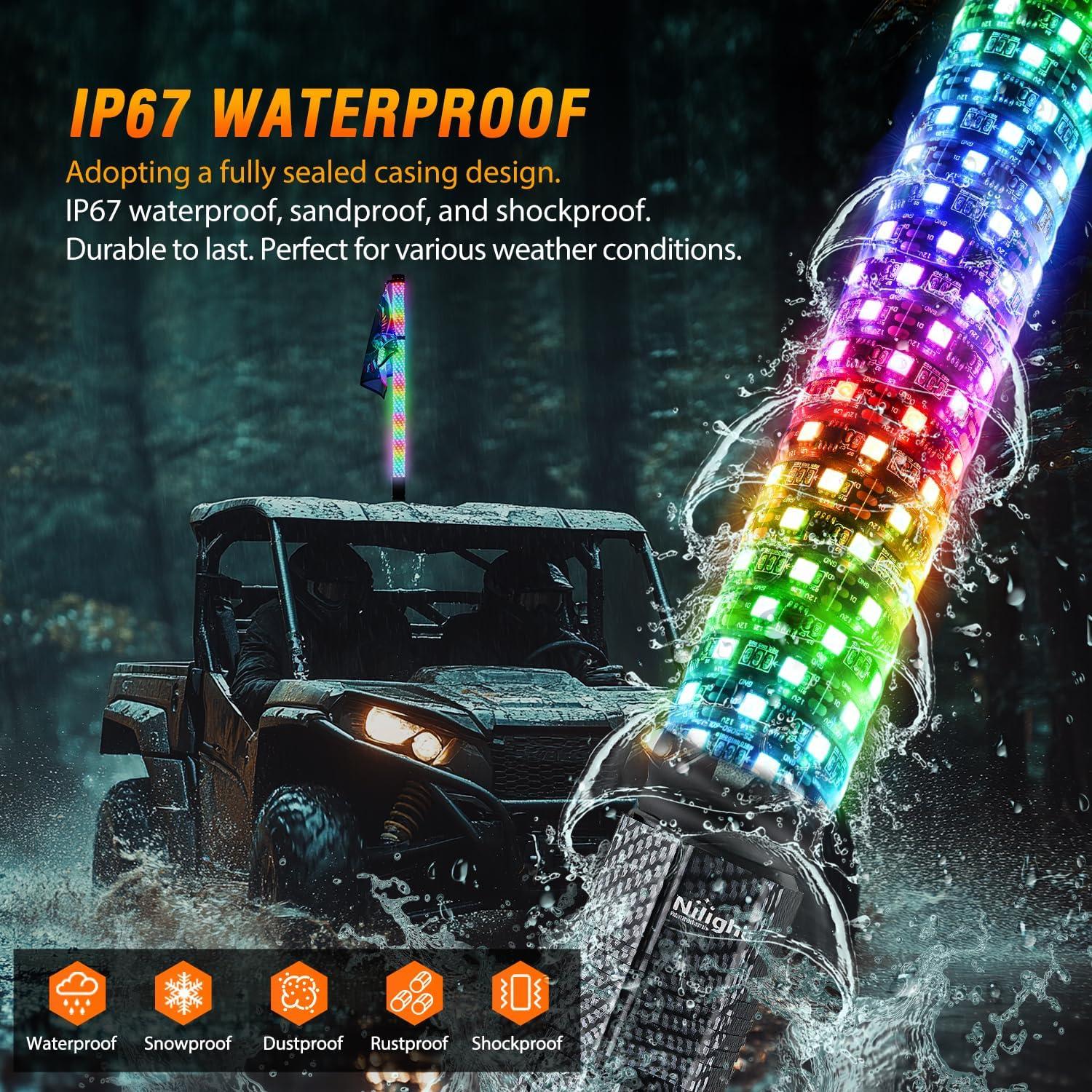 image:imageNilight 1PC 4FT Spiral RGB Led Whip Light with Spring Base Chasing Light RF Remote Control Lighted Antenna Whips for CanAm ATV UTV RZR Polaris Dune Buggy Offroad Truck 2 Years WarrantyRGB FatRemote APP Control