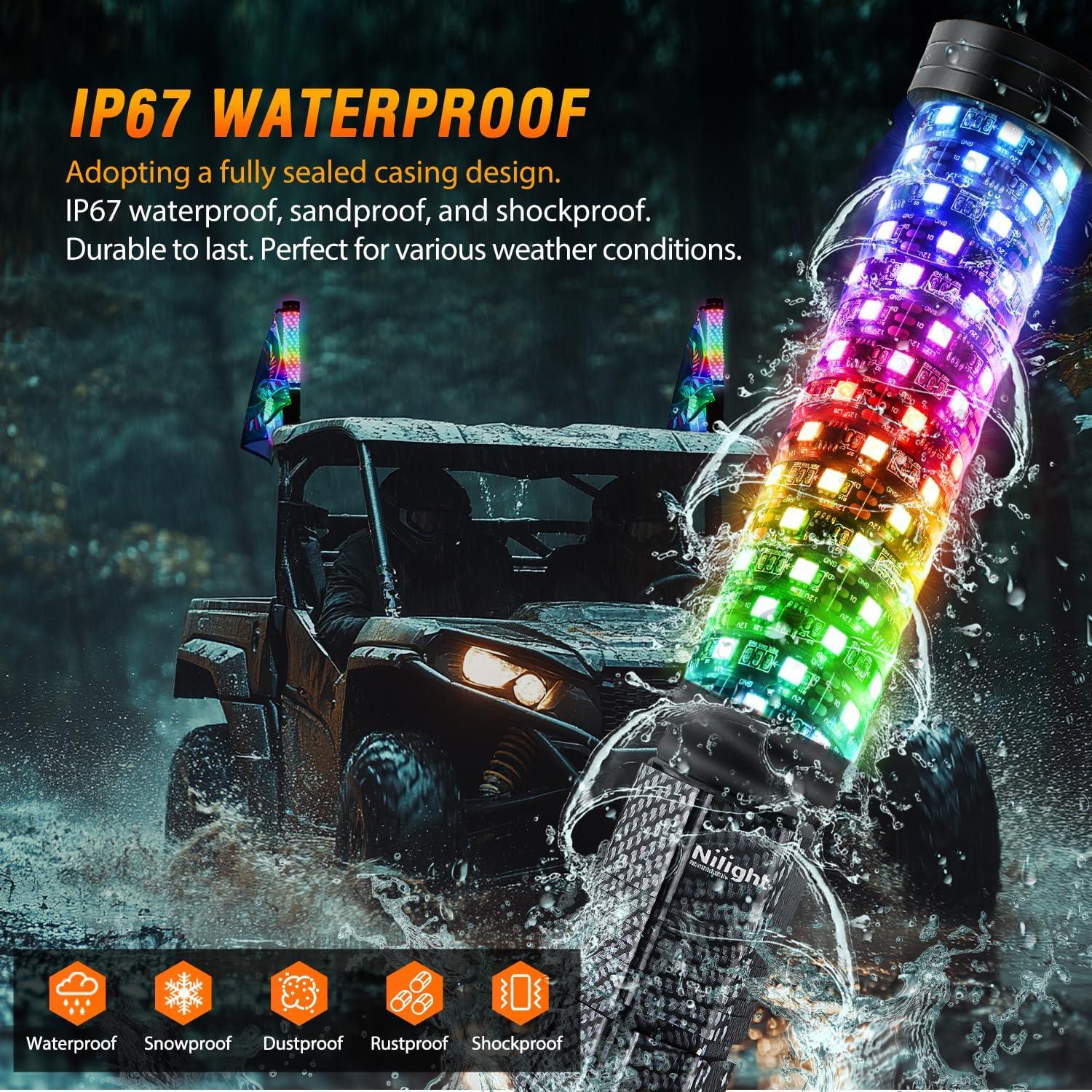 image:imageNilight 1PC 4FT Spiral RGB Led Whip Light with Spring Base Chasing Light RF Remote Control Lighted Antenna Whips for CanAm ATV UTV RZR Polaris Dune Buggy Offroad Truck 2 Years WarrantyRGB FatRemote APP Control
