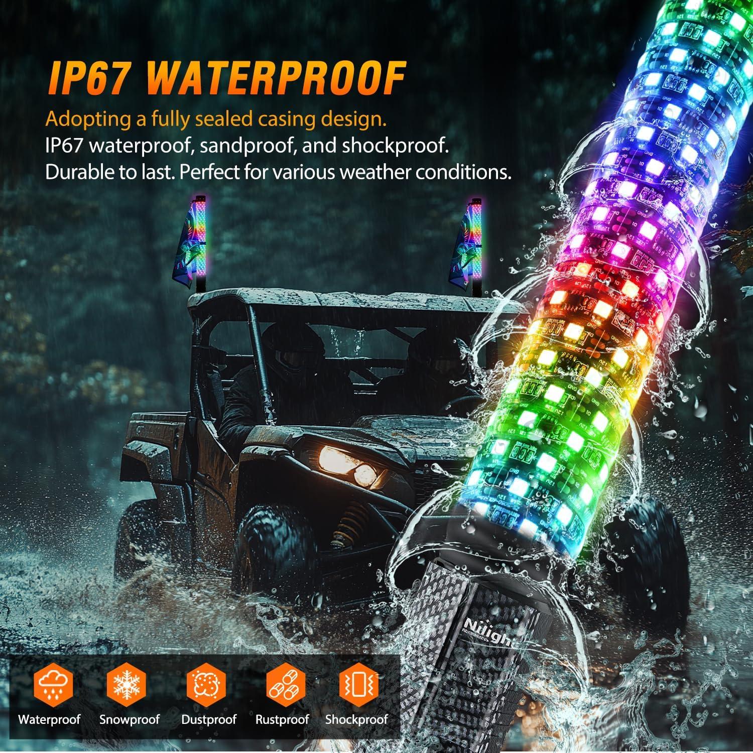 image:imageNilight 1PC 4FT Spiral RGB Led Whip Light with Spring Base Chasing Light RF Remote Control Lighted Antenna Whips for CanAm ATV UTV RZR Polaris Dune Buggy Offroad Truck 2 Years WarrantyRGB FatRemote APP Control