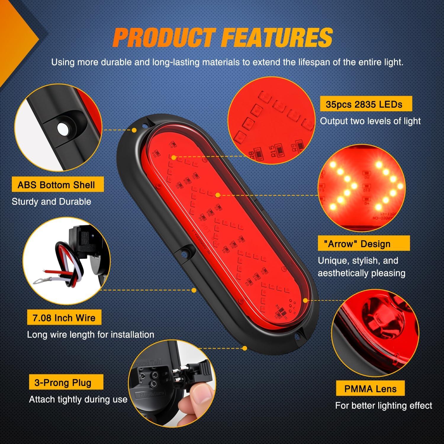 image:imageNilight 6Inch Oval Tail Light 2PCS 35LED Arrow Red Running Stop Brake Lights Surface Mount Waterproof for 12V Caravan Truck RV Camper Trailer BusRed Arrow Lights 2Pcs