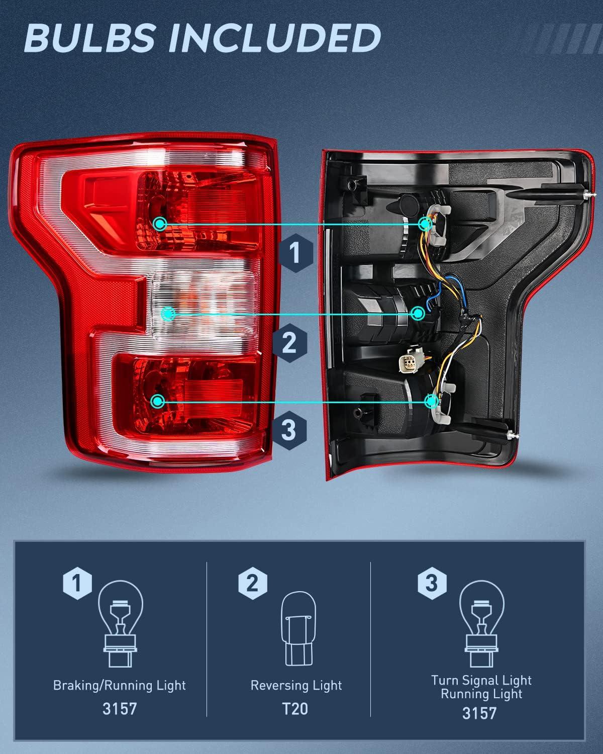 image:imageNilight Driver Side Taillight Assembly for 2018 2019 2020 Ford F150 F150 Pickup Truck Left Side Tail Light Rear Lamp Replacement OE Style Red Housing with Bulbs and Harness