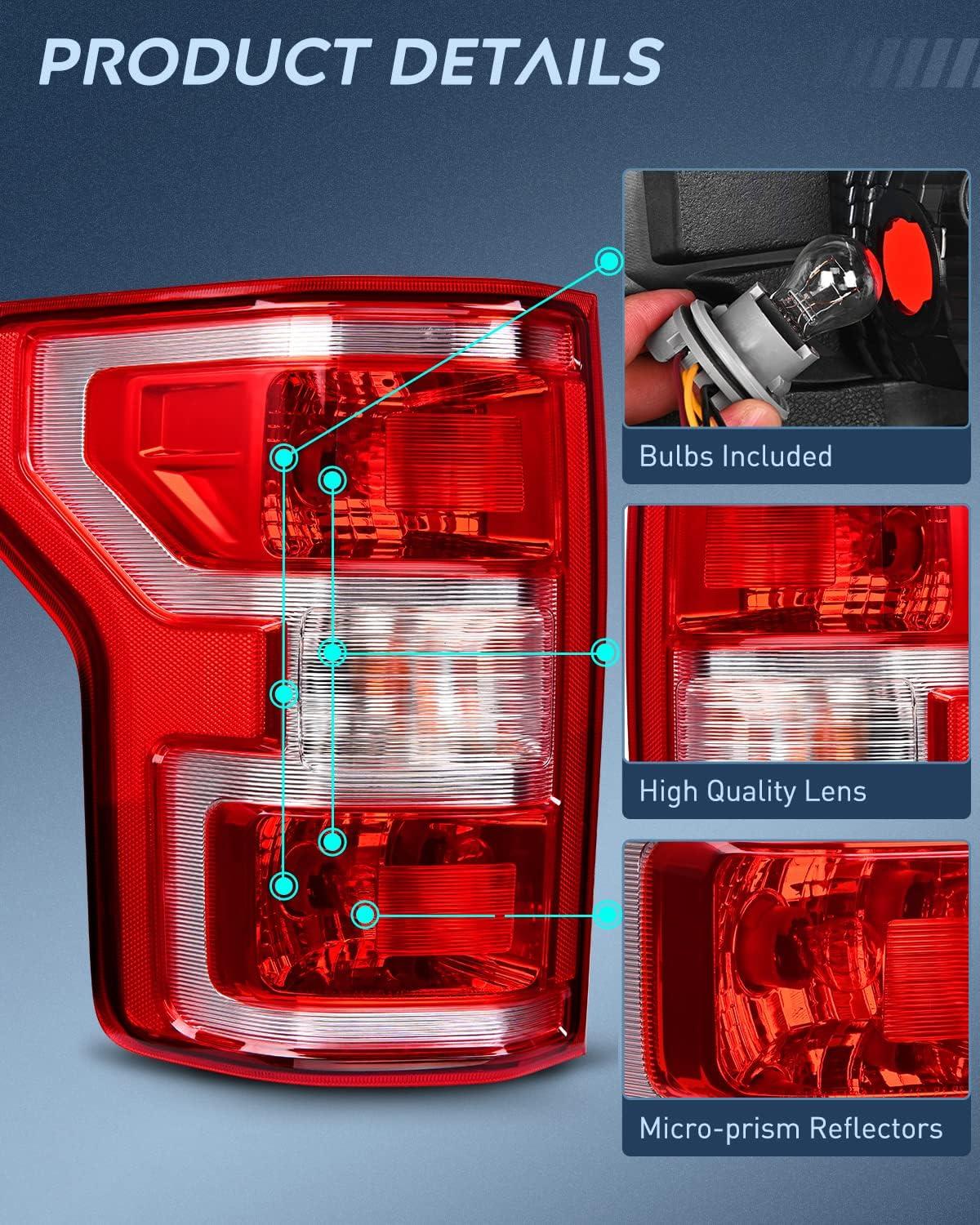 image:imageNilight Driver Side Taillight Assembly for 2018 2019 2020 Ford F150 F150 Pickup Truck Left Side Tail Light Rear Lamp Replacement OE Style Red Housing with Bulbs and Harness