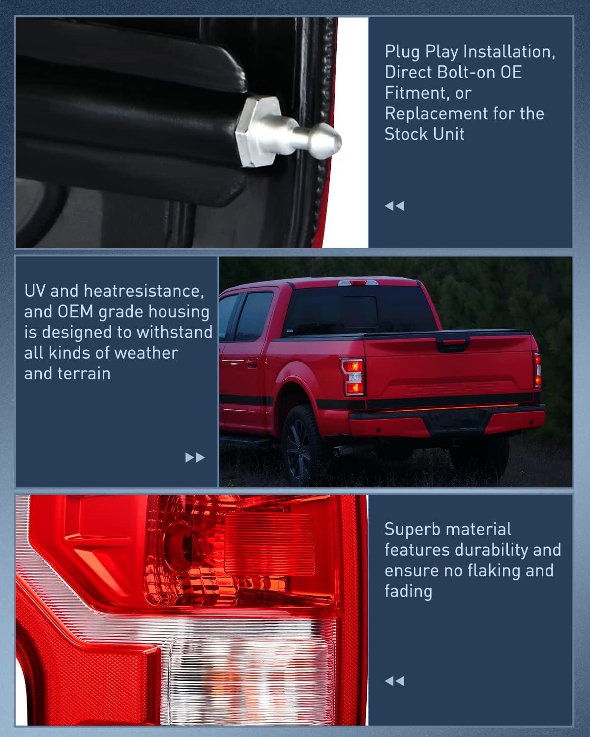 image:imageNilight Driver Side Taillight Assembly for 2018 2019 2020 Ford F150 F150 Pickup Truck Left Side Tail Light Rear Lamp Replacement OE Style Red Housing with Bulbs and Harness