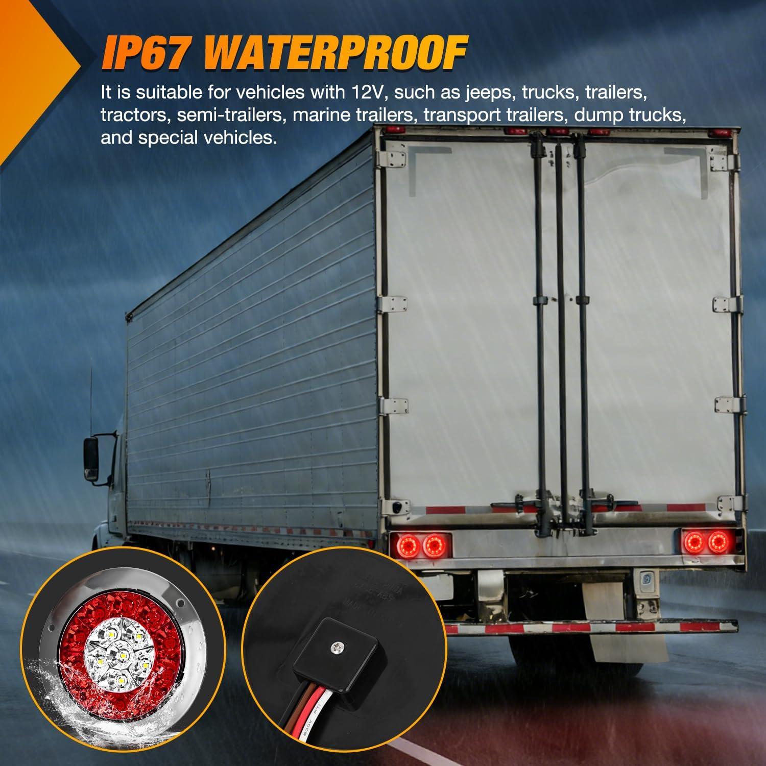 image:imageNilight Trailer Tail Light 2PCS 4Inch Round 16 LED Red Amber Chrome Frame Marker Clearance Stop Brake Turn Signal Running Taillight IP67 Waterproof for Trailer Truck Pickup Camper RVRed White screws 2Pcs 16Led