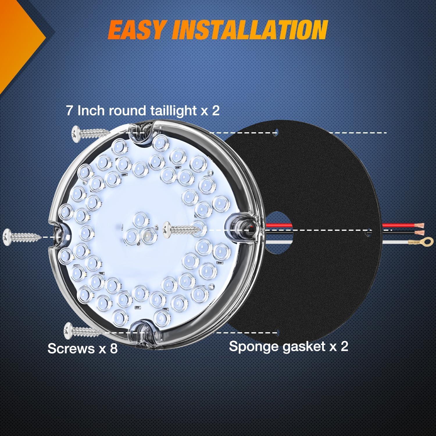 image:imageNilight Trailer Tail Light 2PCS 4Inch Round 16 LED Red Amber Chrome Frame Marker Clearance Stop Brake Turn Signal Running Taillight IP67 Waterproof for Trailer Truck Pickup Camper RVWhite 2Pcs 47Led 7Inch