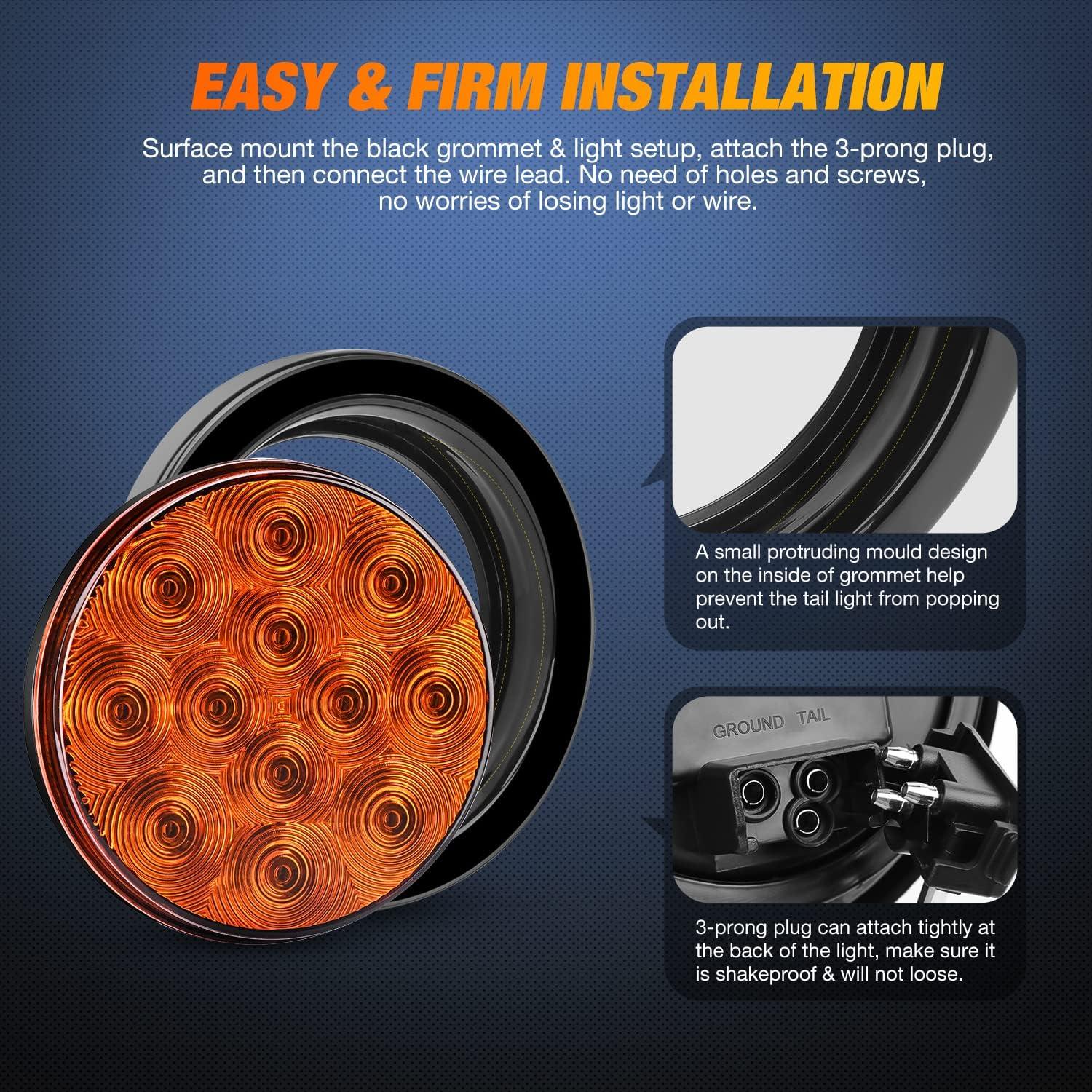 image:imageNilight Trailer Tail Light 2PCS 4Inch Round 16 LED Red Amber Chrome Frame Marker Clearance Stop Brake Turn Signal Running Taillight IP67 Waterproof for Trailer Truck Pickup Camper RVAmber 2pcs