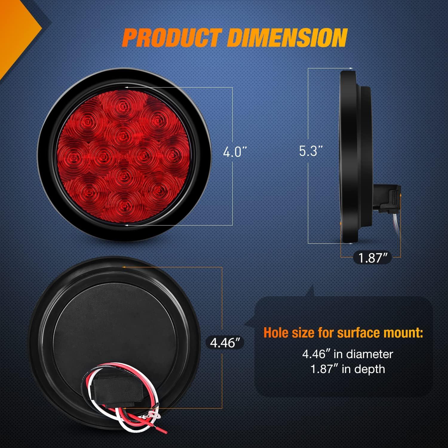 image:imageNilight Trailer Tail Light 2PCS 4Inch Round 16 LED Red Amber Chrome Frame Marker Clearance Stop Brake Turn Signal Running Taillight IP67 Waterproof for Trailer Truck Pickup Camper RVRed Brackets 2pcs