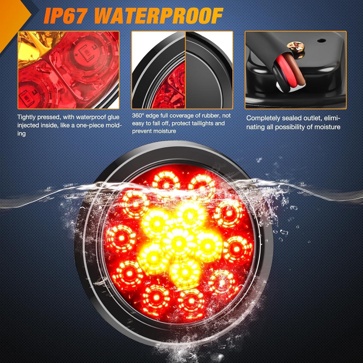 image:imageNilight Trailer Tail Light 2PCS 4Inch Round 16 LED Red Amber Chrome Frame Marker Clearance Stop Brake Turn Signal Running Taillight IP67 Waterproof for Trailer Truck Pickup Camper RVRed Amber 2pcs