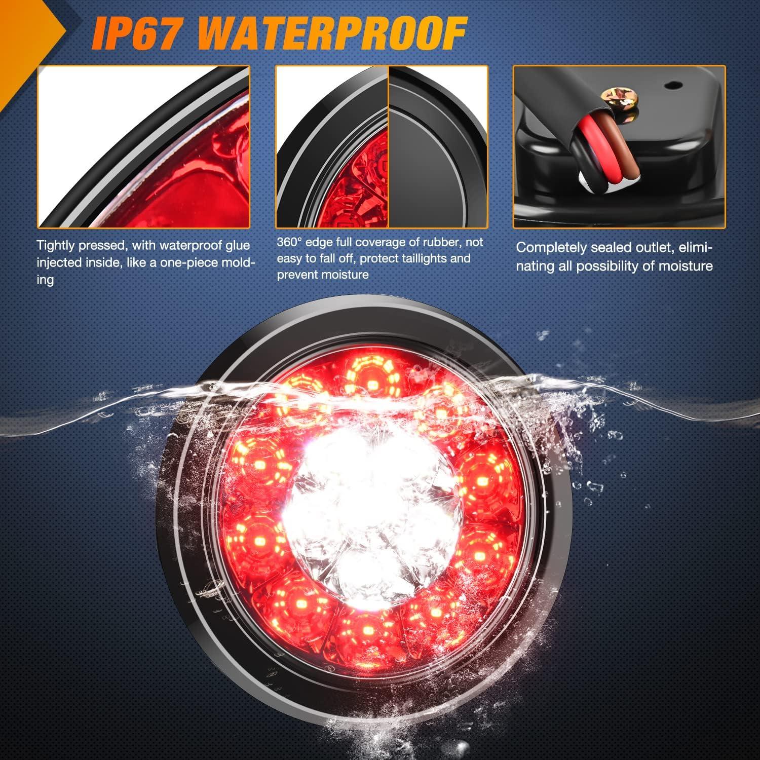 image:imageNilight Trailer Tail Light 2PCS 4Inch Round 16 LED Red Amber Chrome Frame Marker Clearance Stop Brake Turn Signal Running Taillight IP67 Waterproof for Trailer Truck Pickup Camper RVRed White 2pcs