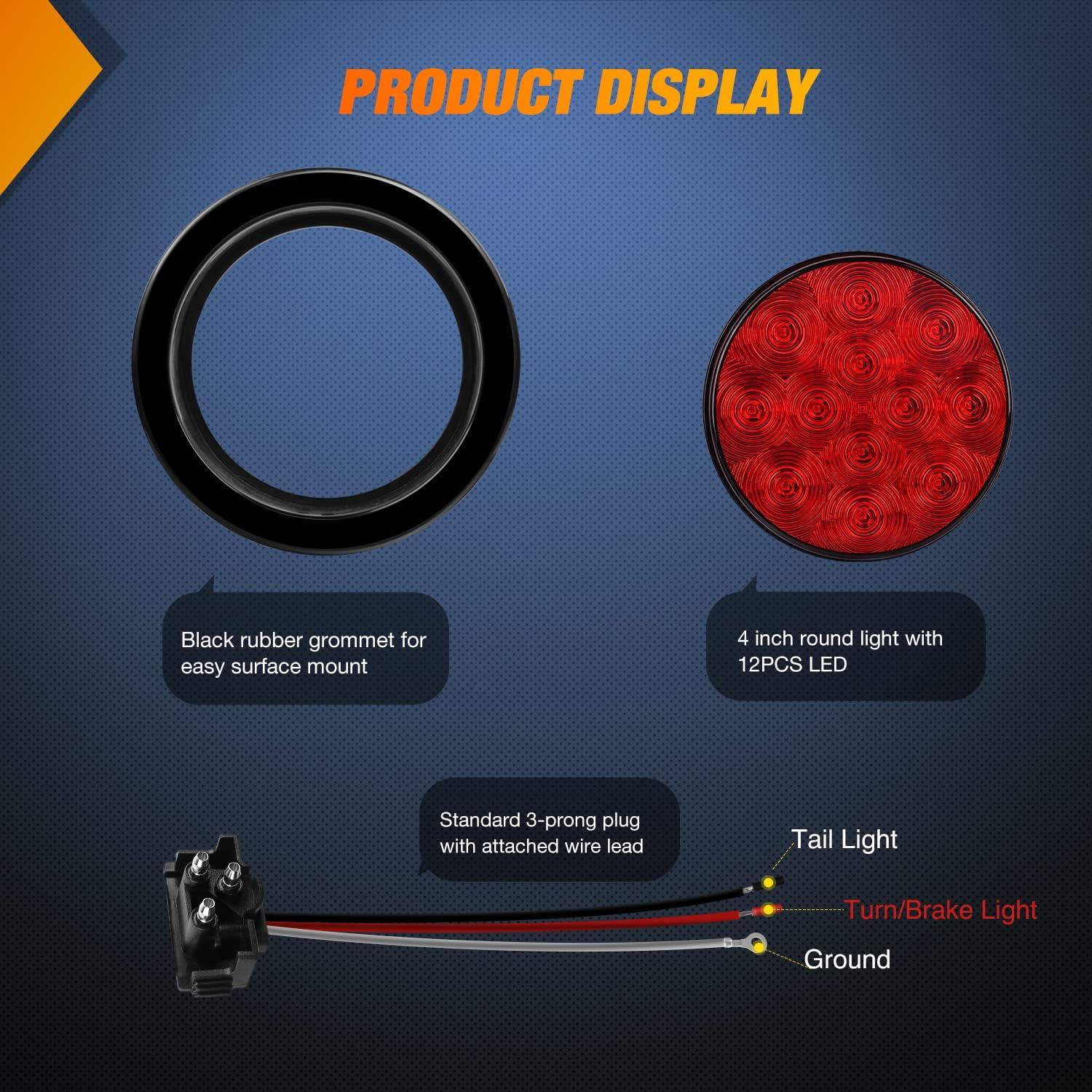 image:imageNilight Trailer Tail Light 2PCS 4Inch Round 16 LED Red Amber Chrome Frame Marker Clearance Stop Brake Turn Signal Running Taillight IP67 Waterproof for Trailer Truck Pickup Camper RVRed Brackets 2pcs