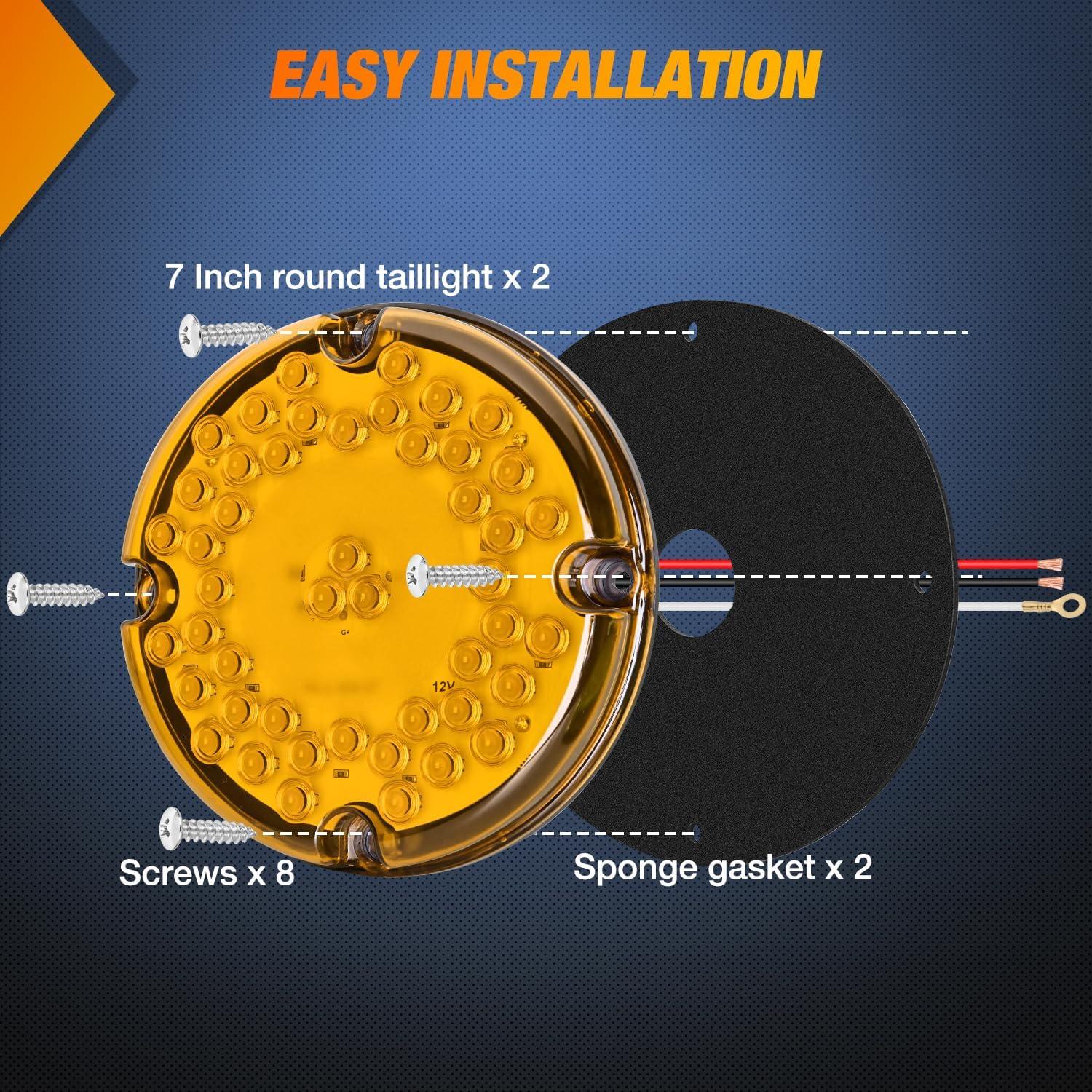 image:imageNilight Trailer Tail Light 2PCS 4Inch Round 16 LED Red Amber Chrome Frame Marker Clearance Stop Brake Turn Signal Running Taillight IP67 Waterproof for Trailer Truck Pickup Camper RVAmber 2Pcs 47Led 7Inch