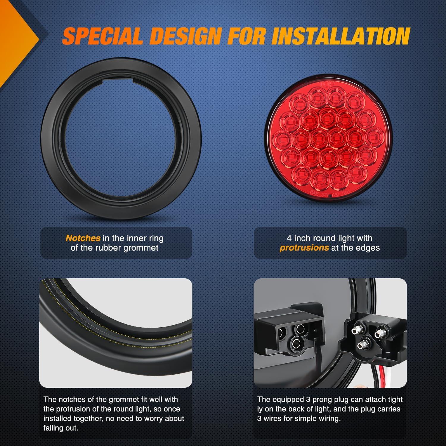image:imageNilight Trailer Tail Light 2PCS 4Inch Round 16 LED Red Amber Chrome Frame Marker Clearance Stop Brake Turn Signal Running Taillight IP67 Waterproof for Trailer Truck Pickup Camper RVRed 2pcs 24Led