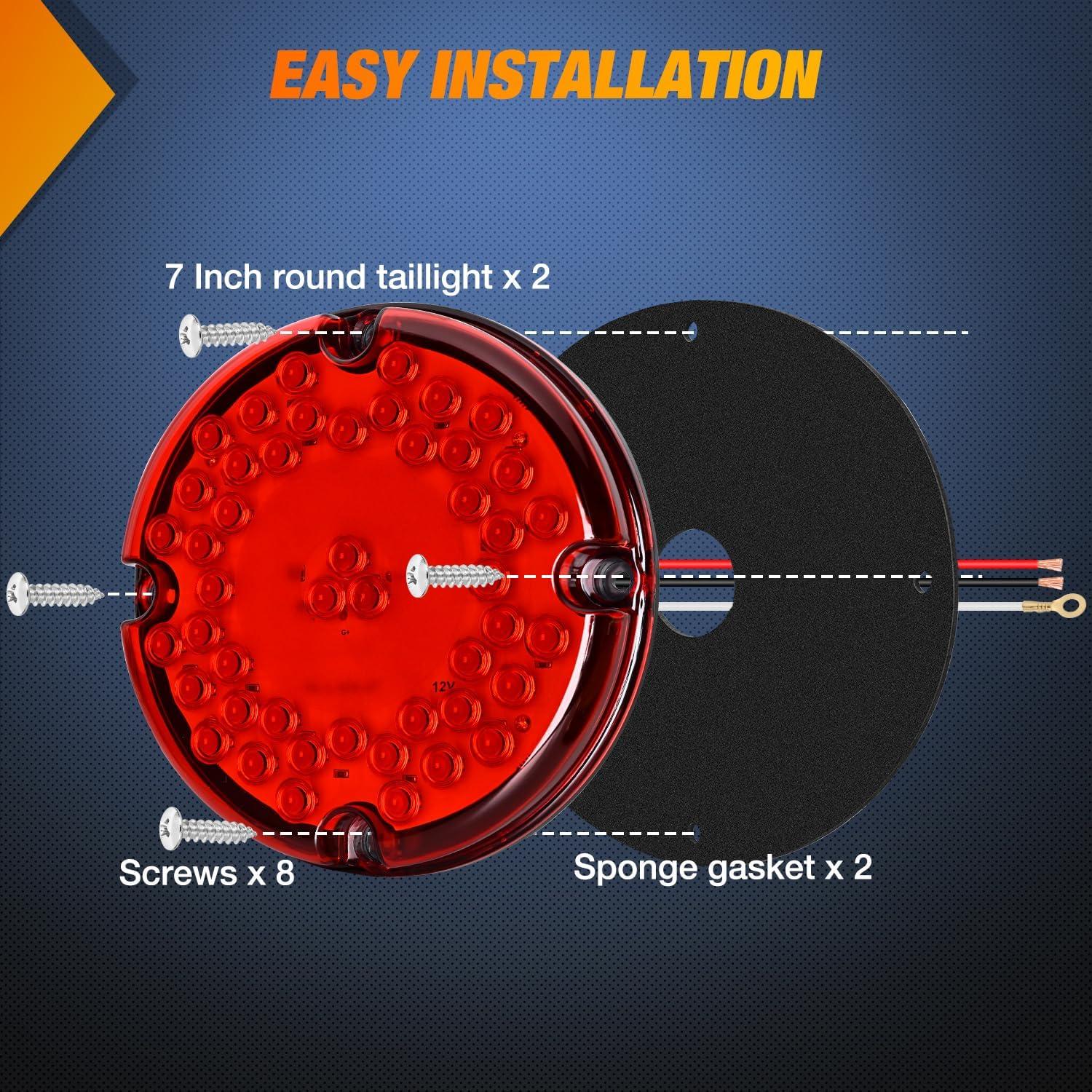 image:imageNilight Trailer Tail Light 2PCS 4Inch Round 16 LED Red Amber Chrome Frame Marker Clearance Stop Brake Turn Signal Running Taillight IP67 Waterproof for Trailer Truck Pickup Camper RVRed 2Pcs 47Led 7Inch