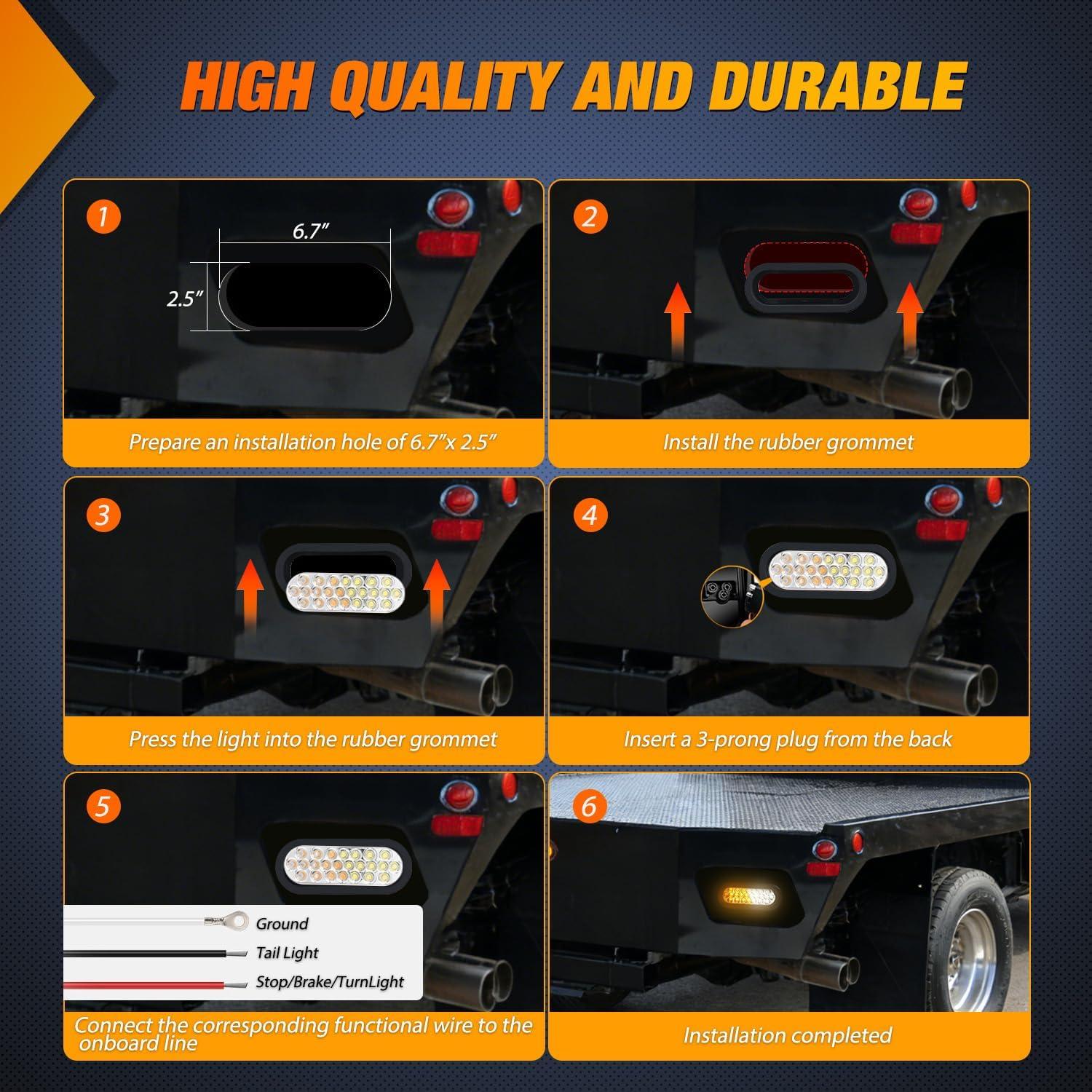 image:imageNilight Trailer Tail Light 2PCS 6Inch Oval 23 LED Red White Chrome Frame Marker Clearance Stop Brake Reverse Backup Running Taillight IP67 Waterproof for Trailer Truck Pickup Camper RV2Pcs Amber White 24Led Strobe Lights