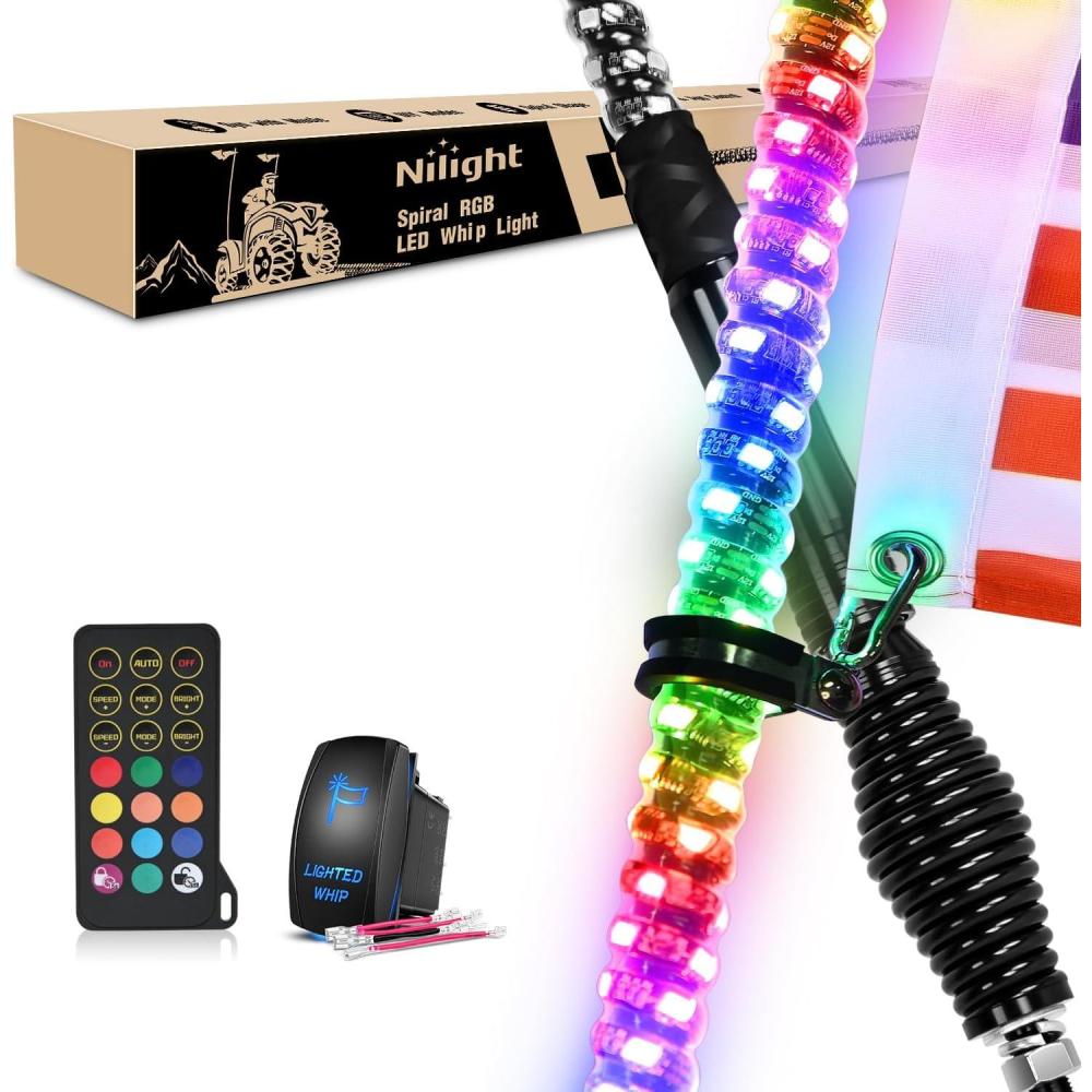 image:imageNilight 1PC 4FT Spiral RGB Led Whip Light with Spring Base Chasing Light RF Remote Control Lighted Antenna Whips for CanAm ATV UTV RZR Polaris Dune Buggy Offroad Truck 2 Years WarrantyRGBRemote Control