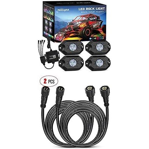 image:imageNilight 4 pods RGB LED Rock Lights Kit Underglow Multicolor Neon Light Pod with 2 Pack 10FT 4 Pin RGB Rock Light Extension Wire Cable Cord2 Years Warranty