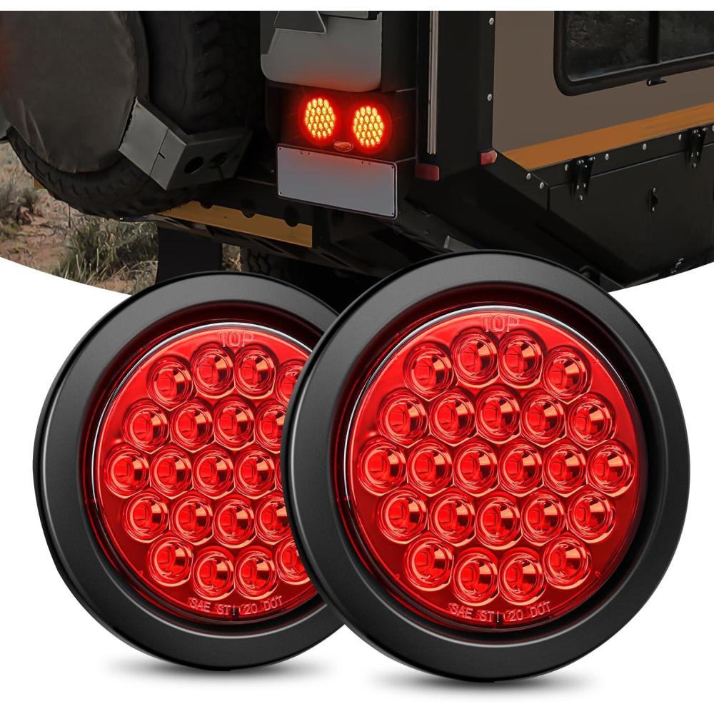 image:imageNilight Trailer Tail Light 2PCS 4Inch Round 16 LED Red Amber Chrome Frame Marker Clearance Stop Brake Turn Signal Running Taillight IP67 Waterproof for Trailer Truck Pickup Camper RVRed 2pcs 24Led