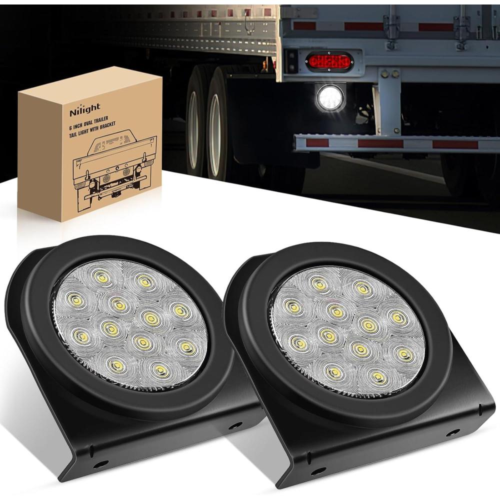 image:imageNilight Trailer Tail Light 2PCS 4Inch Round 16 LED Red Amber Chrome Frame Marker Clearance Stop Brake Turn Signal Running Taillight IP67 Waterproof for Trailer Truck Pickup Camper RVWhite Brackets 2pcs