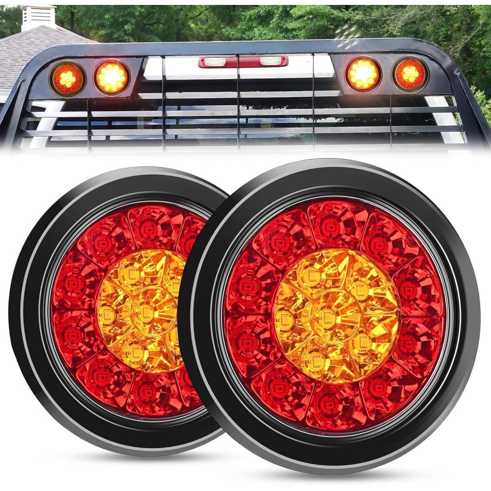 image:imageNilight Trailer Tail Light 2PCS 4Inch Round 16 LED Red Amber Chrome Frame Marker Clearance Stop Brake Turn Signal Running Taillight IP67 Waterproof for Trailer Truck Pickup Camper RVRed Amber 2pcs