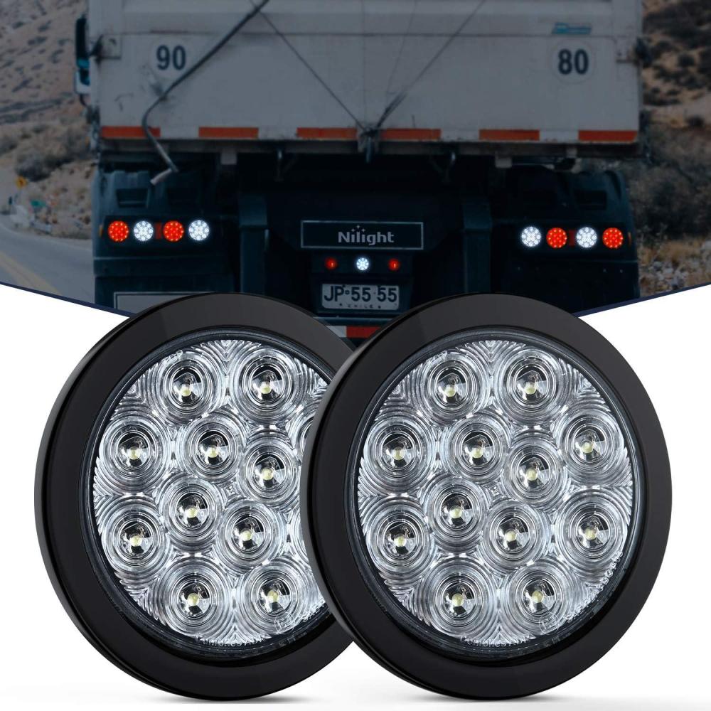 image:imageNilight Trailer Tail Light 2PCS 4Inch Round 16 LED Red Amber Chrome Frame Marker Clearance Stop Brake Turn Signal Running Taillight IP67 Waterproof for Trailer Truck Pickup Camper RVWhite 2pcs