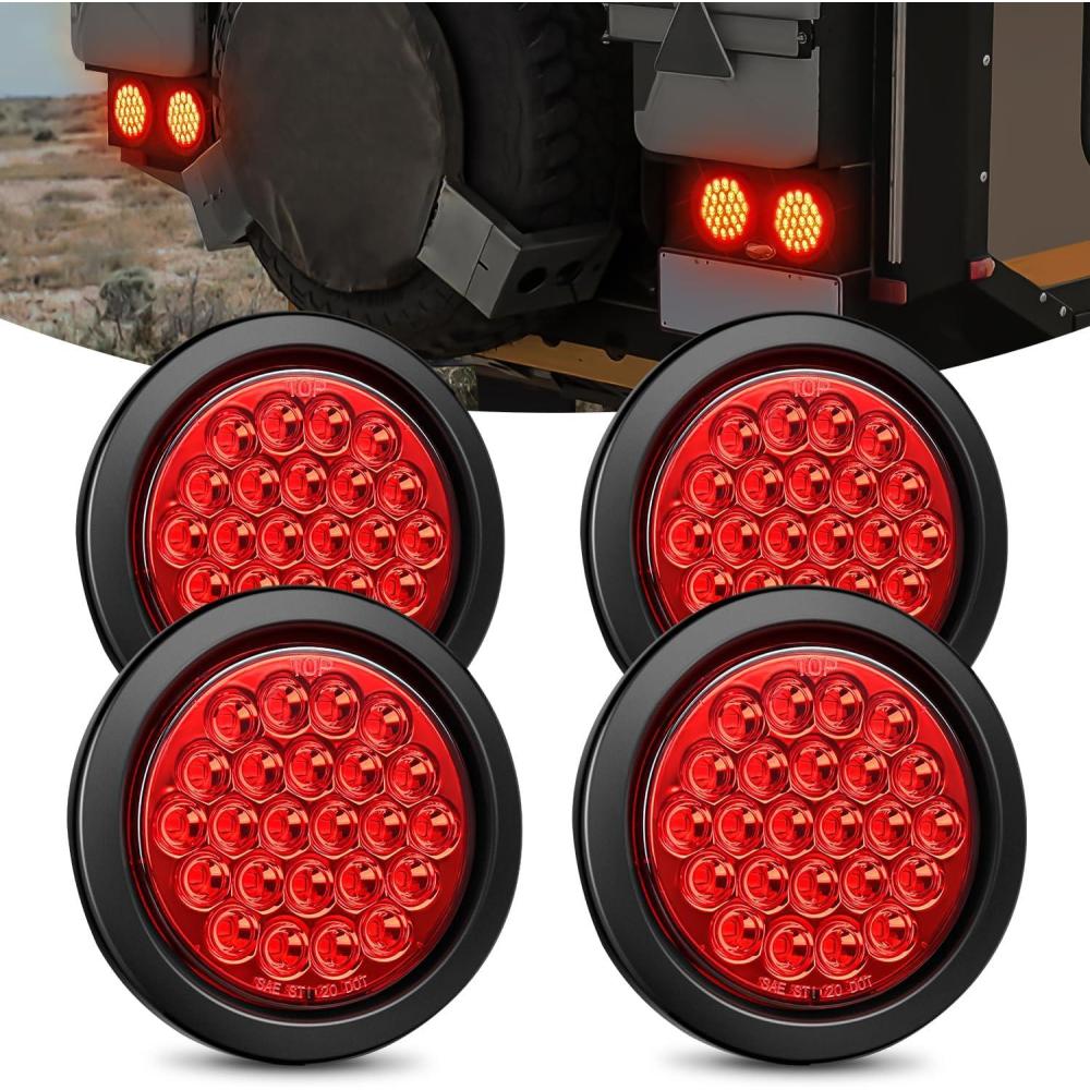 image:imageNilight Trailer Tail Light 2PCS 4Inch Round 16 LED Red Amber Chrome Frame Marker Clearance Stop Brake Turn Signal Running Taillight IP67 Waterproof for Trailer Truck Pickup Camper RVRed 4pcs 24Led