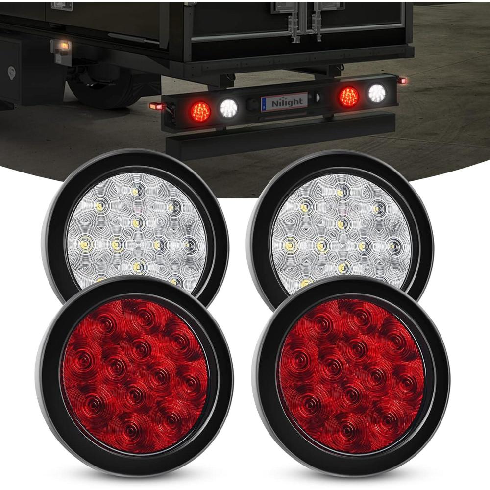 image:imageNilight Trailer Tail Light 2PCS 4Inch Round 16 LED Red Amber Chrome Frame Marker Clearance Stop Brake Turn Signal Running Taillight IP67 Waterproof for Trailer Truck Pickup Camper RVRed White 4pcs