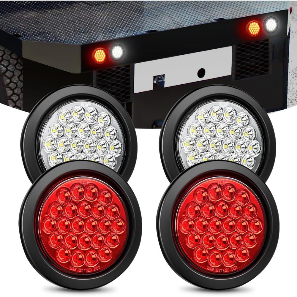 image:imageNilight Trailer Tail Light 2PCS 4Inch Round 16 LED Red Amber Chrome Frame Marker Clearance Stop Brake Turn Signal Running Taillight IP67 Waterproof for Trailer Truck Pickup Camper RVRedWhite 4pcs 24Led