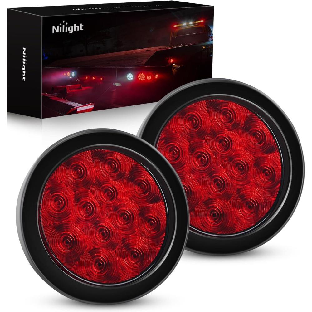 image:imageNilight Trailer Tail Light 2PCS 4Inch Round 16 LED Red Amber Chrome Frame Marker Clearance Stop Brake Turn Signal Running Taillight IP67 Waterproof for Trailer Truck Pickup Camper RVRed 2pcs