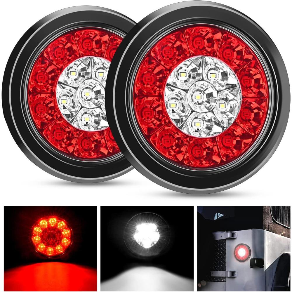 image:imageNilight Trailer Tail Light 2PCS 4Inch Round 16 LED Red Amber Chrome Frame Marker Clearance Stop Brake Turn Signal Running Taillight IP67 Waterproof for Trailer Truck Pickup Camper RVRed White 2pcs