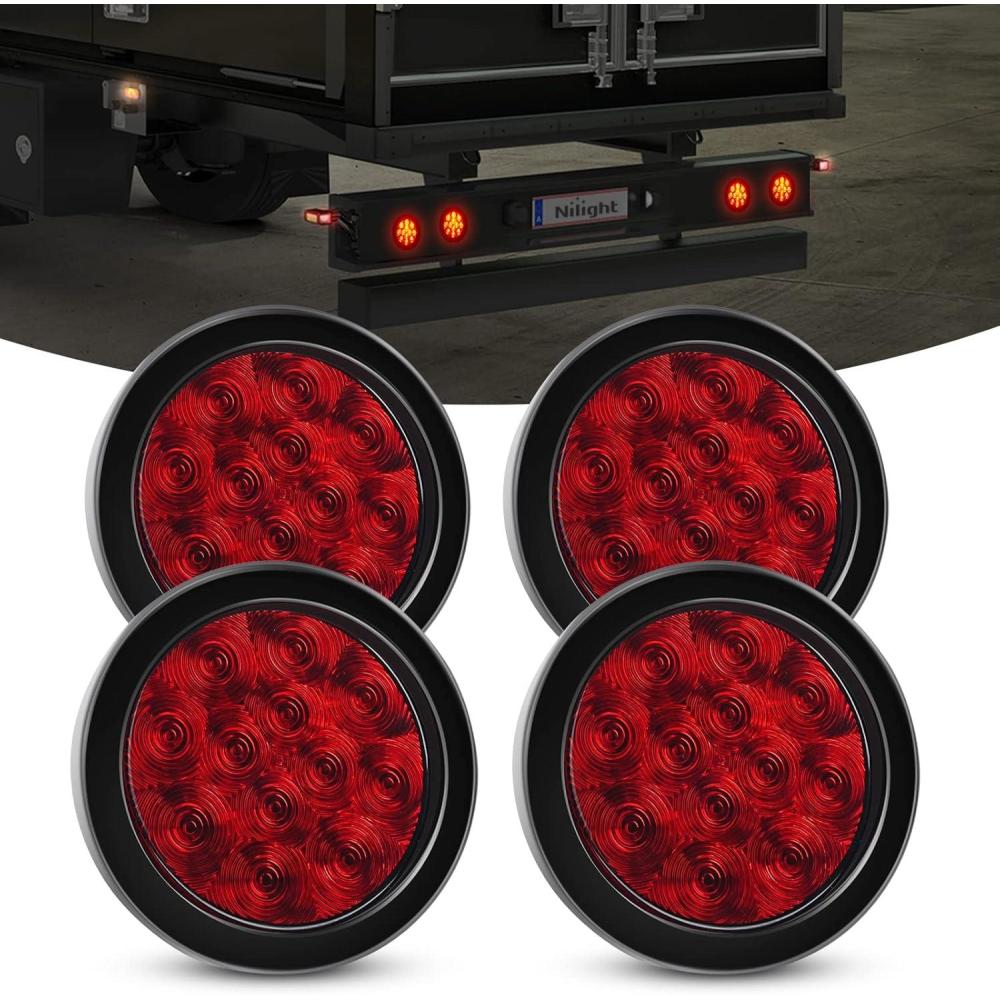 image:imageNilight Trailer Tail Light 2PCS 4Inch Round 16 LED Red Amber Chrome Frame Marker Clearance Stop Brake Turn Signal Running Taillight IP67 Waterproof for Trailer Truck Pickup Camper RVRed 4pcs