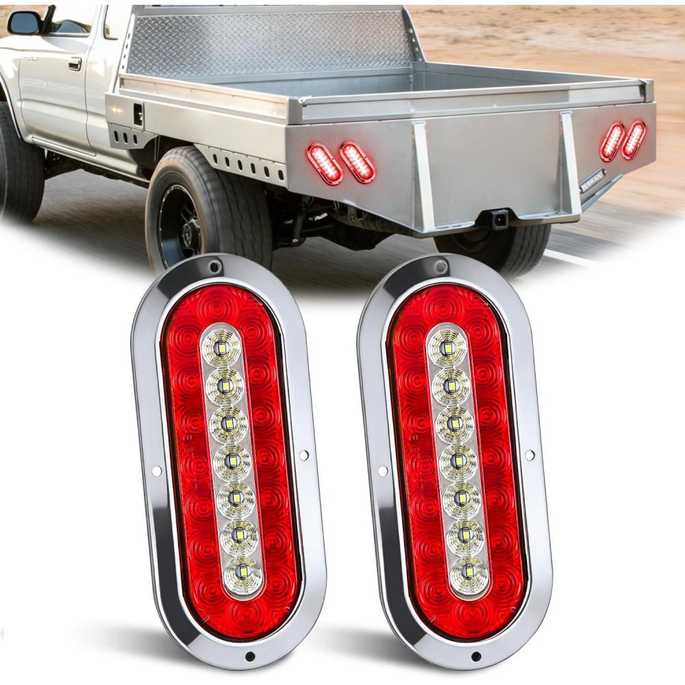 image:imageNilight Trailer Tail Light 2PCS 6Inch Oval 23 LED Red White Chrome Frame Marker Clearance Stop Brake Reverse Backup Running Taillight IP67 Waterproof for Trailer Truck Pickup Camper RV2Pcs Red White Screws 23Led Lights