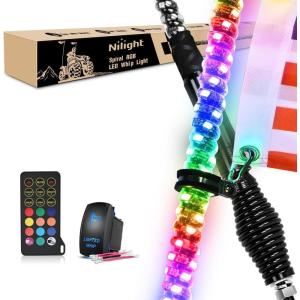 Nilight 1PC 4FT Spiral RGB Led Whip Light with Spring Base Chasing Light RF Remote Control Lighted Antenna Whips for Can-Am ATV UTV RZR Polaris Dune Buggy Offroad Truck, 2 Years Warranty(RGB-Remote Control)