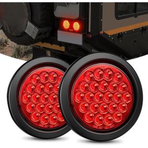 Nilight Trailer Tail Light 2PCS 4Inch Round 16 LED Red Amber Chrome Frame Marker Clearance Stop Brake Turn Signal Running Taillight IP67 Waterproof for Trailer Truck Pickup Camper RV(Red 2pcs 24Led)