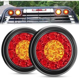 Nilight Trailer Tail Light 2PCS 4Inch Round 16 LED Red Amber Chrome Frame Marker Clearance Stop Brake Turn Signal Running Taillight IP67 Waterproof for Trailer Truck Pickup Camper RV(Red Amber 2pcs)