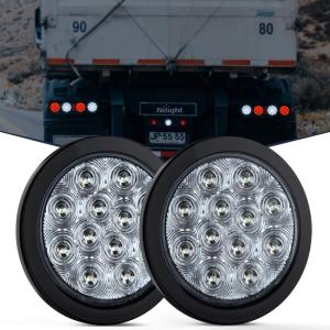 Nilight Trailer Tail Light 2PCS 4Inch Round 16 LED Red Amber Chrome Frame Marker Clearance Stop Brake Turn Signal Running Taillight IP67 Waterproof for Trailer Truck Pickup Camper RV(White 2pcs)