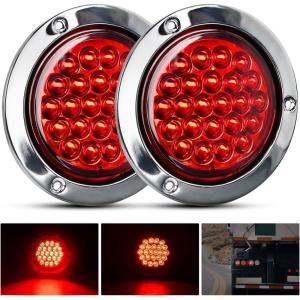 Nilight Trailer Tail Light 2PCS 4Inch Round 16 LED Red Amber Chrome Frame Marker Clearance Stop Brake Turn Signal Running Taillight IP67 Waterproof for Trailer Truck Pickup Camper RV(Red screws 2Pcs)