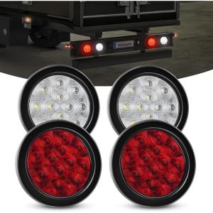Nilight Trailer Tail Light 2PCS 4Inch Round 16 LED Red Amber Chrome Frame Marker Clearance Stop Brake Turn Signal Running Taillight IP67 Waterproof for Trailer Truck Pickup Camper RV(Red White 4pcs)