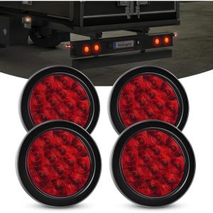 Nilight Trailer Tail Light 2PCS 4Inch Round 16 LED Red Amber Chrome Frame Marker Clearance Stop Brake Turn Signal Running Taillight IP67 Waterproof for Trailer Truck Pickup Camper RV(Red 4pcs)