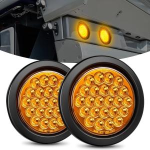 Nilight Trailer Tail Light 2PCS 4Inch Round 16 LED Red Amber Chrome Frame Marker Clearance Stop Brake Turn Signal Running Taillight IP67 Waterproof for Trailer Truck Pickup Camper RV(Amber 2pcs 24Led)